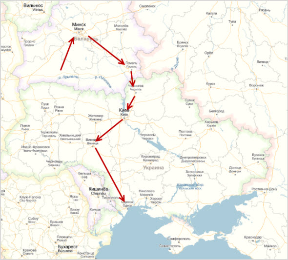 карта дороги до Одессы по железной дороге 