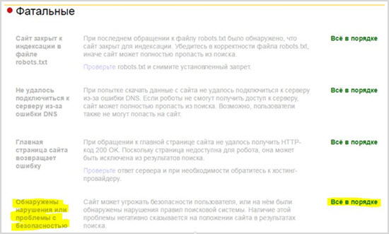 ошибки в Яндекс Вебмастер